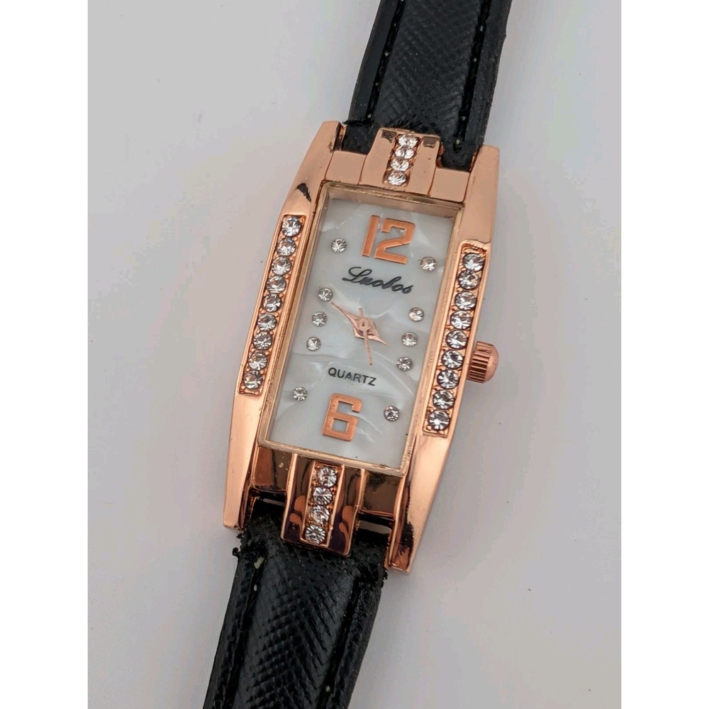 Luobos Watch Women 19mm Case Pearlized Dial Black Faux Leather Band- New Battery